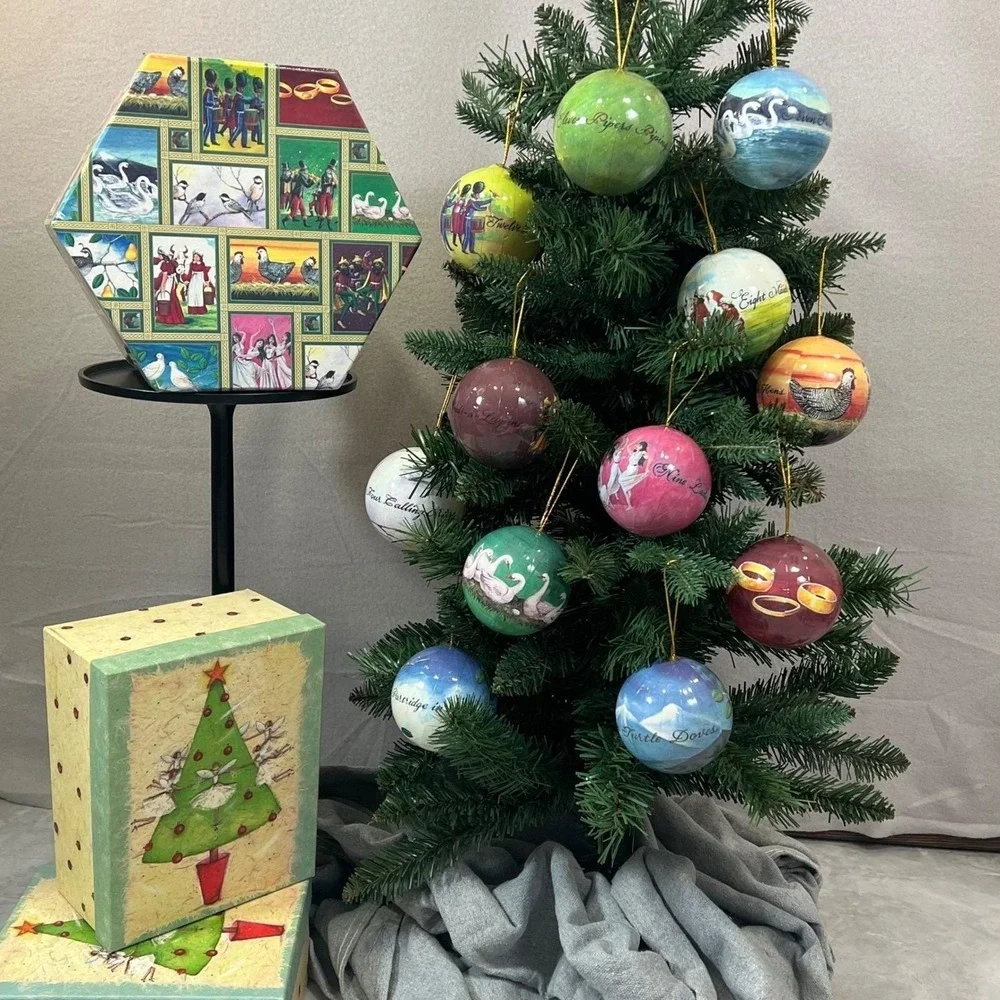 12 Days of Christmas Vintage Decoupage Ornament Set with Storage Box Complete
